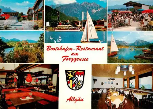 AK / Ansichtskarte 73882028 Fuessen_Allgaeu Bootshafen Restaurant am Forggensee Gastraeume Terrasse Fuessen Allgaeu
