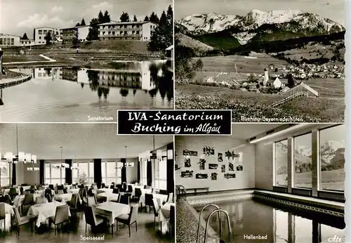 AK / Ansichtskarte 73882272 Buching Panorama mit Bayerniederhofen LVA Sanatorium Speisesaal Hallenbad Buching