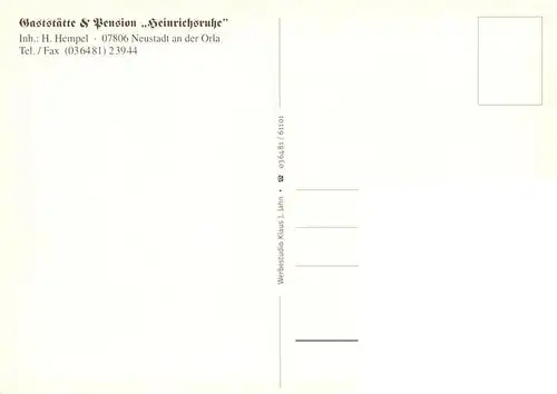 AK / Ansichtskarte  Neustadt_Orla Gaststaette Pension Heinrichsruhe Gastraum Aussichtsturm Pferdekoppel Neustadt_Orla