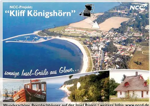 AK / Ansichtskarte 73882339 Glowe_Ruegen Kliff Koenigshoern Luftaufnahme Kreidefelsen Fischerboot Reetdachhaus Glowe Ruegen