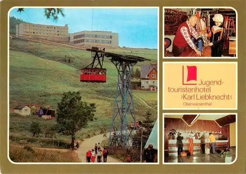 AK / Ansichtskarte 73882458 Oberwiesenthal_Erzgebirge Fichtelbergschwebebahn Jugentouristenhotel Karl Liebknecht Sportgeraete Ausleihe Gaststaette Oberwiesenthal Erzgebirge