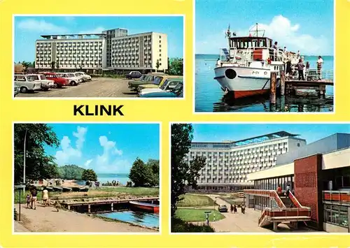 AK / Ansichtskarte 73882686 Klink_Waren FDGB Erholungsheim Herbert Warnke MS Fontane am Mueritzhafen Erholungsheim Schloss Klink Bootshafen und Strand Innenhof Klink Waren