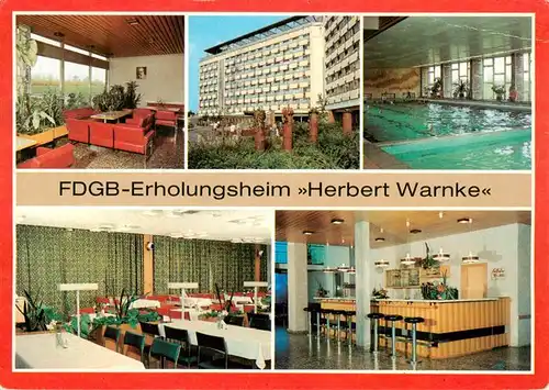 AK / Ansichtskarte  Klink_Waren FDGB Erholungsheim Herbert Warnke Empfangshalle Aussenansicht Schwimmhalle Grosses Restaurant Hallenbar Klink Waren