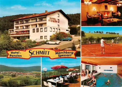 AK / Ansichtskarte 73883206 Moenchberg__Spessart Hotel Pension Schmitt Panorama Gaststube Terrasse Tennisplatz Hallenbad 