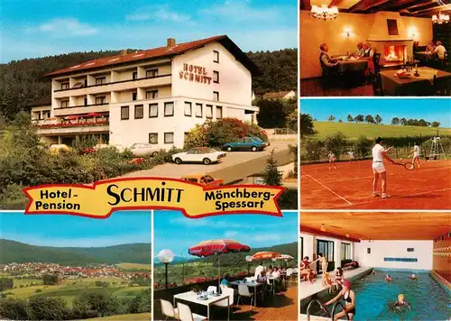 AK / Ansichtskarte  Moenchberg__Spessart Hotel Pension Schmitt Panorama Gaststube Terrasse Tennisplatz Hallenbad 