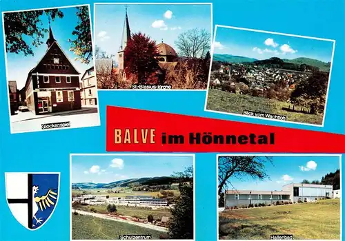 AK / Ansichtskarte  Balve Glockenspiel St Blasius Kirche Blick vom Wachtloh Schulzentrum Hallenbad Balve