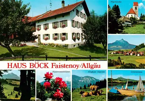 AK / Ansichtskarte 73883264 Faistenoy Haus Boeck Pfarrkirche Alpenrosenblueten Allgaeuer Alpvieh Gruentensee Faistenoy