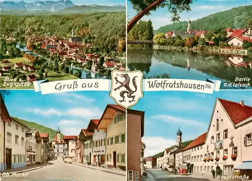 AK / Ansichtskarte 73883544 Wolfratshausen Fliegeraufnahme mit Zugspitze Loisachpartie Oberer Markt Hauptstrasse Wolfratshausen