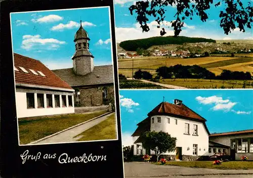 AK / Ansichtskarte 73883580 Queckborn_Hessen Kirche Panorama REWE Geschaeft Schillinger Queckborn Hessen