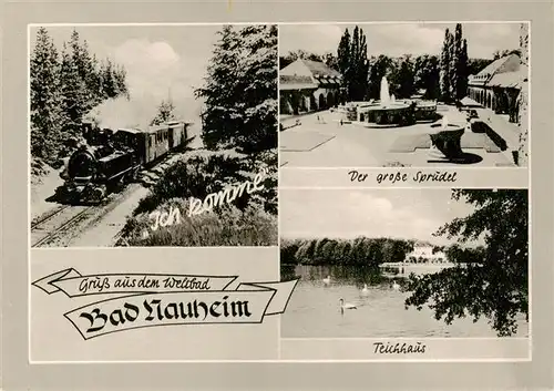 AK / Ansichtskarte 73883605 Bad_Nauheim Dampflok Der grosse Sprudel Teichhaus Bad_Nauheim