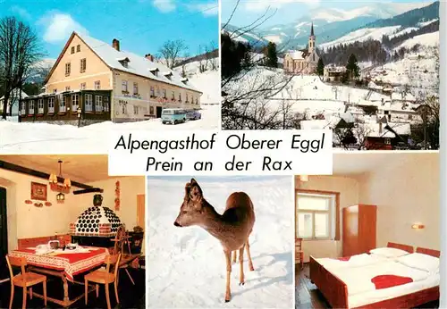 AK / Ansichtskarte 73883662 Prein_Rax_Niederoesterreich_AT Alpengasthof Oberer Eggl Gaststube Zimmer Kirche Reh 