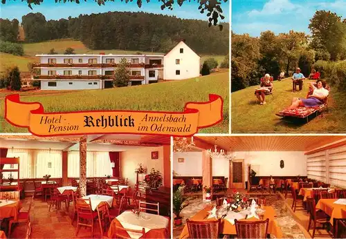 AK / Ansichtskarte 73883766 Annelsbach_Hoechst _Odenwald Hotel Pension Rehblick Gastraeume Liegewiese 