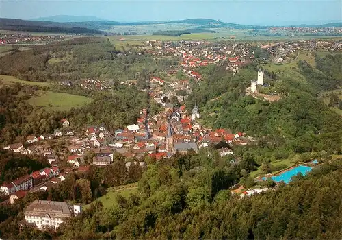 AK / Ansichtskarte 73883978 Stromberg_Hunsrueck Fliegeraufnahme mit der Stromburg und Hoehenfreibad Stromberg Hunsrueck