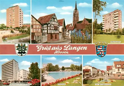 AK / Ansichtskarte 73884066 Langen_Hessen Oberlinden Kirche Hochhaus am Schillerplatz Freibad Springbrunnen Langen Hessen