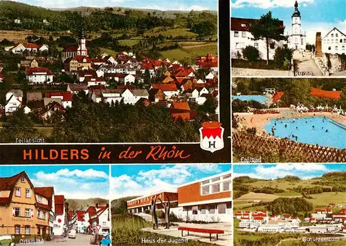 AK / Ansichtskarte 73884089 Hilders_Rhoen Teilansicht Kirche Freibad Ortsmitte Haus der Jugend Schulzentrum Hilders Rhoen