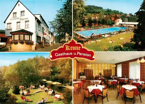 AK / Ansichtskarte 73884190 Hetschbach_Hoechst_Odenwald Gasthaus Pension Krone Freibad Gartenterrasse Gastraum 