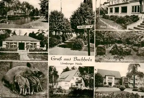 AK / Ansichtskarte  Buchholz__Nordheide Badeanstalt Goldene Krone Idyll in Itzenbuettel Heideberghaus Hotel Sonnenhof Huenengrab im Kleckerwald Cohrs Hotel 