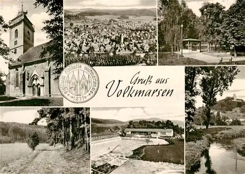 AK / Ansichtskarte 73884292 Volkmarsen Kirche Panorama Pavillon Waldpartie Schwimmbad Volkmarsen