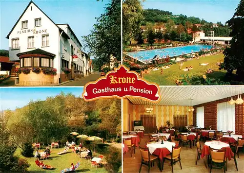 AK / Ansichtskarte  Hetschbach_Hoechst_Odenwald Gasthaus Pension zur Krone Gastraum Garten Freibad 