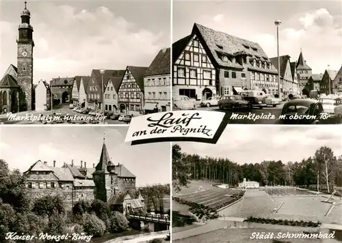 AK / Ansichtskarte  Lauf_Pegnitz Marktplatz mit unterem und oberem Tor Kaiser Wenzel Burg Staedt Schwimmbad Lauf Pegnitz