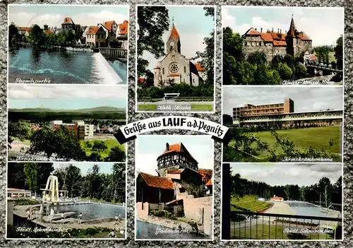 AK / Ansichtskarte  Lauf_Pegnitz Pegnitzpartie Kreiskrankenhaus Kath Kirche Kaiser Wenzel Burg Staedt Schwimmbad Judenturm  Lauf Pegnitz