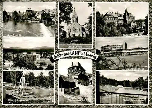 AK / Ansichtskarte  Lauf_Pegnitz Pegnitzpartie Kreiskrankenhaus Kath Kirche Kaiser Wenzel Burg Staedt Schwimmbad Judenturm  Lauf Pegnitz