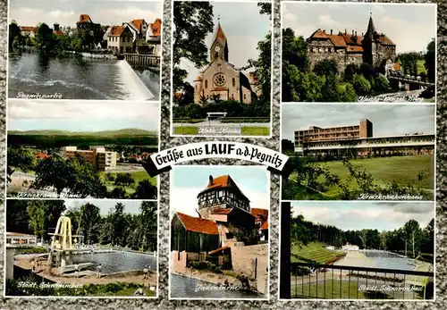 AK / Ansichtskarte  Lauf_Pegnitz Pegnitzpartie Kreiskrankenhaus Kath Kirche Kaiser Wenzel Burg Staedt Schwimmbad Judenturm  Lauf Pegnitz