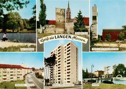 AK / Ansichtskarte  Langen_Hessen Paddelteich Stumpfer Turm Martin Luther Kirche Forstring Berliner Allee Freibad Langen Hessen