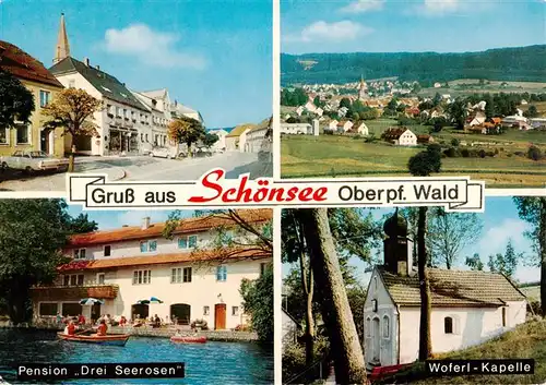 AK / Ansichtskarte 73884529 Schoensee_Oberpfalz Strassenpartie Panorama Pension Drei Seerosen Woferl Kapelle 