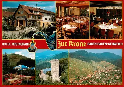 AK / Ansichtskarte 73884624 Neuweier Hotel Restaurant Zur Krone Gastraeume Burgturm Fliegeraufnahme Neuweier