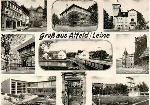 AK / Ansichtskarte  Alfeld_Leine Leinstr Gymnasium Postamt Heimatmuseum Leinebruecke Fillerturm Landratsamt Kaufm Berufsschule Freibad Alfeld_Leine