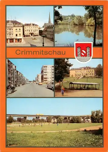 AK / Ansichtskarte 73885208 Crimmitschau Am Markt Schlossteich Strasse der Freundschaft Polytech Oberschule Wilhelm Stolle Sportplatz Crimmitschau
