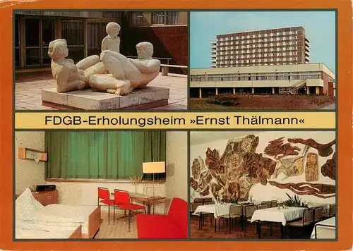 AK / Ansichtskarte 73885246 Rheinsberg FDGB Erholungsheim Ernst Thaelmann Plastik Ansicht Gaestezimmer Urlauberrestaurant Rheinsberg