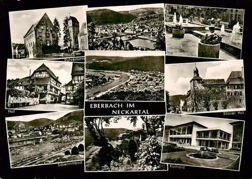 AK / Ansichtskarte 73885384 Eberbach_Baden_Neckar Panorama Luftaufnahmen Pulverturm Hof Schwimmbad Wasserspiele Blauer Hut Kurhaus Burgruine 