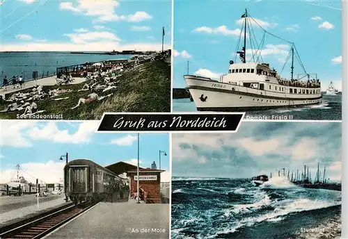 AK / Ansichtskarte  Norddeich__Norden_Nordseebad See Badeanstalt Dampfer Frisia II An der Mole Eisenbahn Sturmflut 