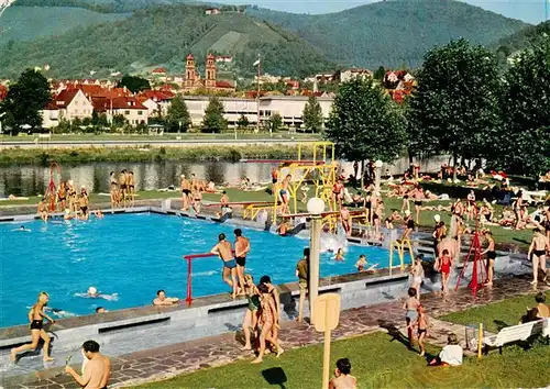 AK / Ansichtskarte 73885401 Eberbach_Baden_Neckar Freibad Blick zum Kurhaus und Burg im Hintergrund 