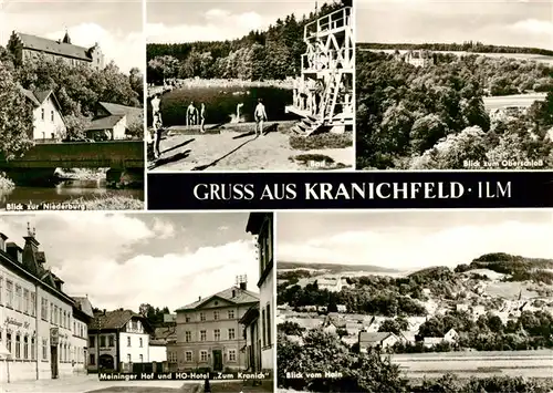 AK / Ansichtskarte  Kranichfeld Blick zur Niederburg Freibad Oberschloss Meininger Hof HO-Hotel Zum Kranich Panorama Blick vom Hain Kranichfeld