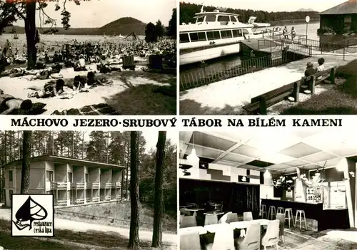 AK / Ansichtskarte  Machovo_Jezero_CZ Srubovy Tabor na Bildem Kameni See Badestrand Ferienheim Gaststaette Bootsanleger Faehre 