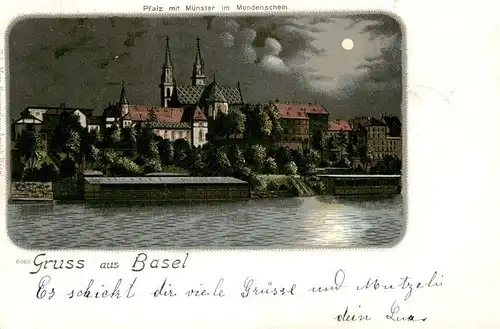 AK / Ansichtskarte 13885724 Basel_BS Pfalz mit Muenster im Mondschein Basel_BS