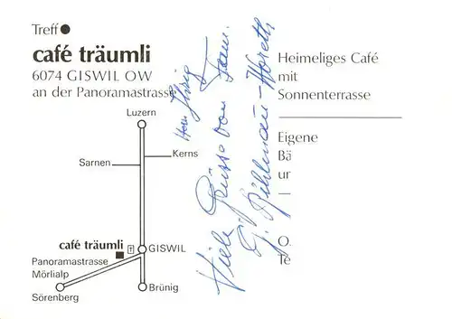 AK / Ansichtskarte 13885836 Giswil_Giswyl_OW Treff Cafe Traeumli Gastraum Sonnenterrasse 