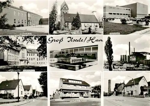 AK / Ansichtskarte 73885852 Gross-Ilsede Mittelschule Ev Kirche Hallenbad Volksschule Ilseder Huette Schulstr Kaufhaus Boehme Gerhardstr Gross-Ilsede