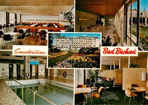 AK / Ansichtskarte 73885956 Bad_Buchau_Federsee Sanatorium Speisesaal Park Hallenbad Gastraum Bad_Buchau_Federsee