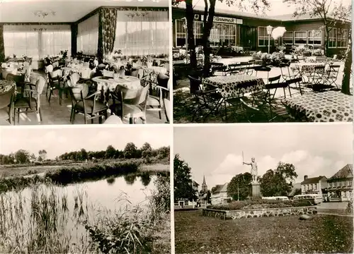 AK / Ansichtskarte  Bad_Bramstedt Haus Tanneneck Oskar Kapahnke Gastraum Terrasse Denkmal Partie am Wasser Bad_Bramstedt