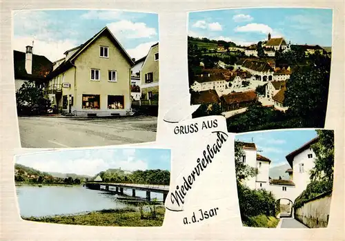 AK / Ansichtskarte 73886363 Niederviehbach Ladengeschaeft Ansicht mit Kirche Stadtmauer Partie an der Isar Niederviehbach