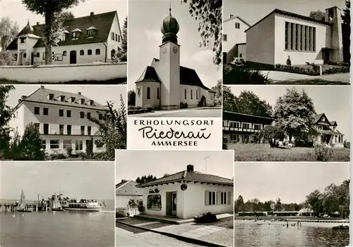 AK / Ansichtskarte 73886365 Riederau_Ammersee Teilansichten Kirche Bootsanleger Fahrgastschiff Badestrand Riederau Ammersee