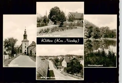 AK / Ansichtskarte 73886422 Klitten_Sachsen Dorfansicht mit Kirche Strasse der Jugend Blick vom Kirchturm Maximiliansteich 