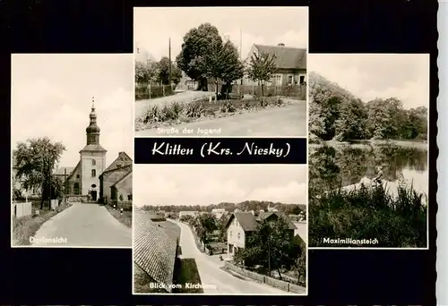 AK / Ansichtskarte  Klitten_Sachsen Dorfansicht mit Kirche Strasse der Jugend Blick vom Kirchturm Maximiliansteich 