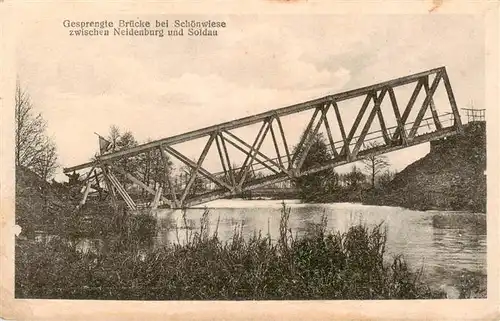 AK / Ansichtskarte  Schoenwiese_Neidenburg_Nidzica_Nibork_Ostpreussen_PL Gesprengte Bruecke in WK1 