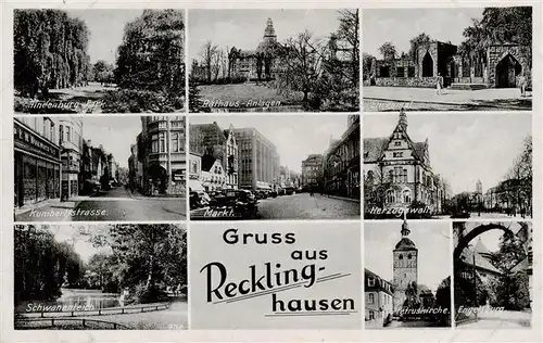 AK / Ansichtskarte 73886686 Recklinghausen__Westfalen Hindenburg Park Kunibertstrasse Schwanenteich Rathaus Anlagen Markt Ehrenmal Herzogswall Petruskirche Engelsburg Feldpost 