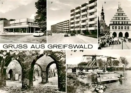 AK / Ansichtskarte  Greifswald HOG Boddenhus Dubnaring im Stadtteil Schoenewalde Rathaus Klosterruine im OT Eldena Wiecker Bruecke Greifswald